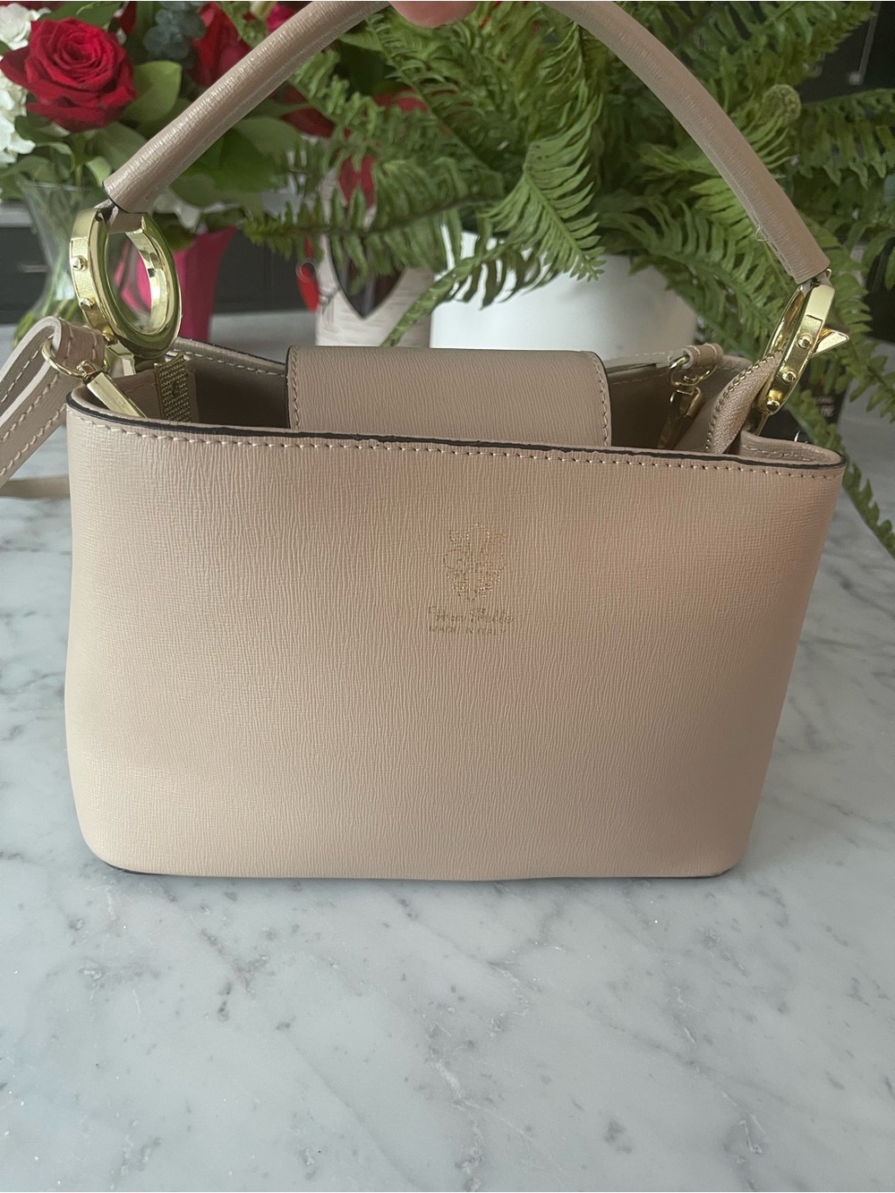 Vera Pelle Blush Beige Mini Top-Handle Bag with Gold Hardware